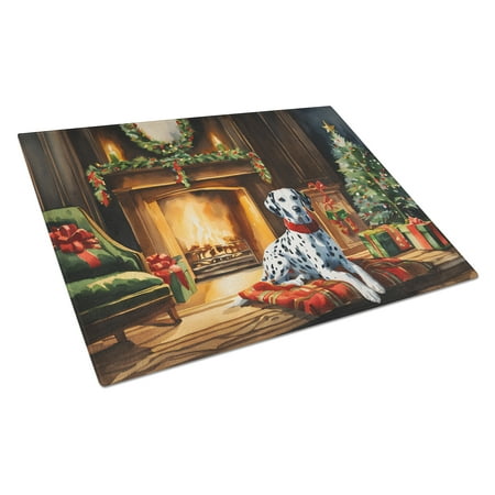Dalmatian Cozy Christmas Glass Cutting Board Large 12 in x 15 in
