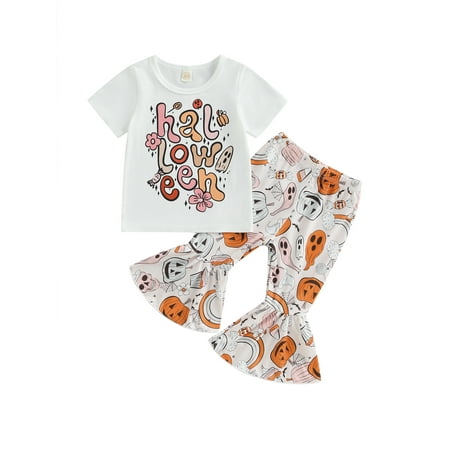 Sunisery Toddler Baby Girl Halloween Outfit Cute Pumpkin Ghost Print Clothes Short Sleeve T-Shirt Bell Bottoms Pants Set
Sunisery Toddler Baby Girl Halloween Outfit Cute Pumpkin Ghost Print Clothes Short Sleeve T-Shirt Bell Bottoms Pants Set