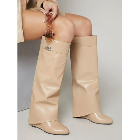 Buckle Detail Foldover Slip On Boots Women‘s Footwear