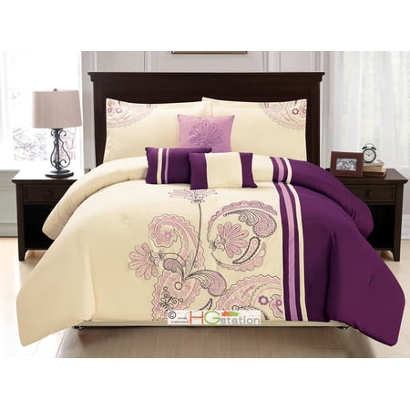 7-Pc Scroll Spores Paisley Shell Embroidery Comforter Set Purple Ivory Lilac King