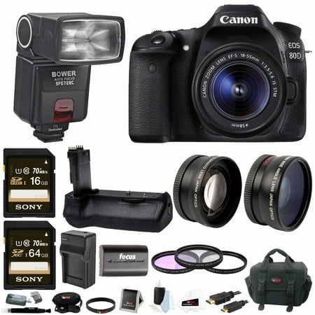 Canon EOS 80D Digital SLR w\/ 18-55mm f\/3.5-5.6 Lens & Bower TTL Flash & Battery Grip Bundle Canon EOS 80D Digital SLR w\/ 18-55mm f\/3.5-5.6 Lens & Bower TTL Flash & Battery Grip Bundle