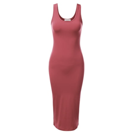 Doublju Women's Sleeveless Bodycon High Split Tank Midi Dress Shirring Details Dress