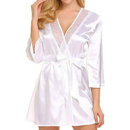 Fusipu Women Nightdress Solid Color Satin Cardigan Lace Up Tight Waist Lady Nightie Female Intimate Clothes