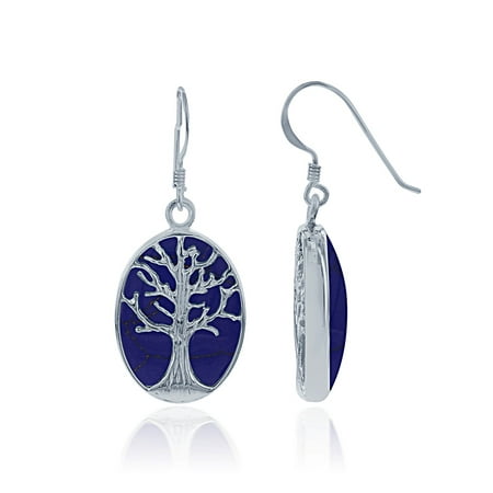 Beaux Bijoux Sterling Silver Lapis Tree of Life Oval Dangle Earrings (Multiple options available)