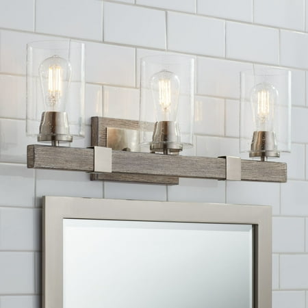 Franklin Iron Works Rustic Farmhouse Wall Light Wood Grain Nickel Hardwired 23 1/2 Wide 3-Light Fixture Seedy Glass Vanity Mirror
Franklin Iron Works Rustic Farmhouse Wall Light Wood Grain Nickel Hardwired 23 1/2 Wide 3-Light Fixture Seedy Glass Vanity Mirror