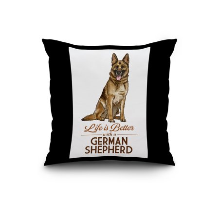 German Shepherd - Life is Better - White Background - Lantern Press Artwork (20x20 Spun Polyester Pillow, Black Border)