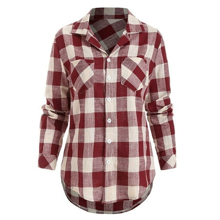 Women Casual Loose Plaid Button Down Shirts Long Sleeve Top Blouse Jacket