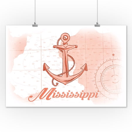 Mississippi - Anchor - Coral - Coastal Icon - Lantern Press Artwork (12x18 Art Print, Wall Decor Travel Poster)