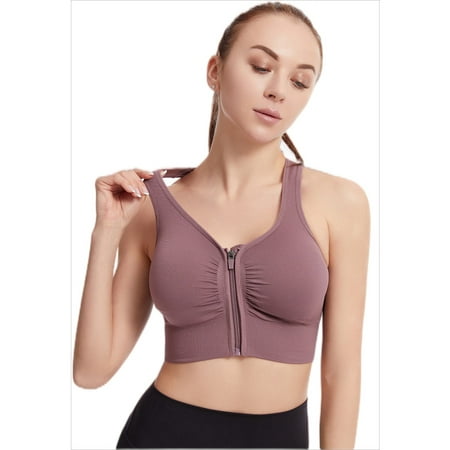 

Womens Sports Bra with Zip Closure and Racerback Wireless Bras Four-Way Stretch Fabric with Removable Padded