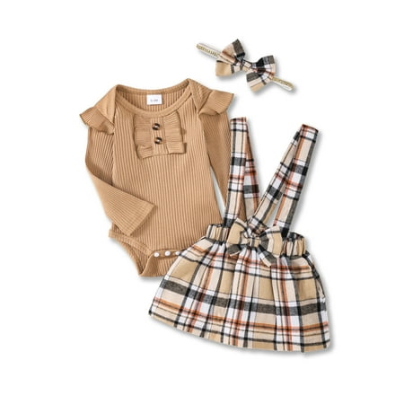 Baby Girls Spring Autumn Clothing Ruffle Long Sleeve Romper Tops Plaid Suspender Skirts Headband 3Pcs Outfit Khaki
Baby Girls Spring Autumn Clothing Ruffle Long Sleeve Romper Tops Plaid Suspender Skirts Headband 3Pcs Outfit Khaki