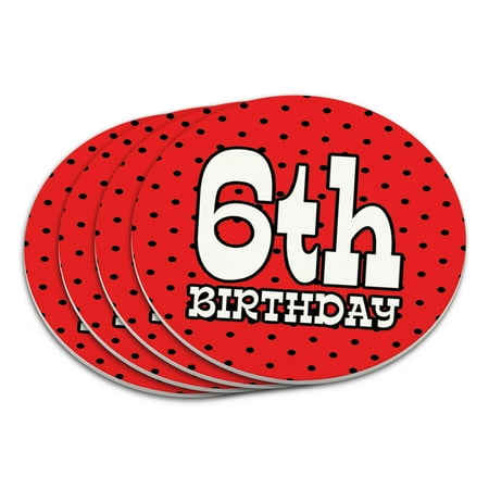 6th Sixth Birthday Red Black Polka Dots Coaster Set