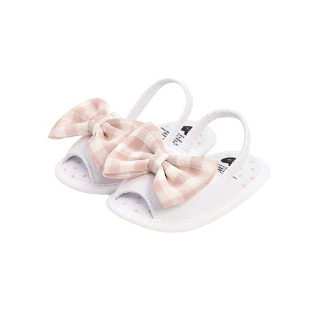 Suanret Infant Baby Girls Summer Sandals Plaid Bowknot Open-Toe Elastic Sandals with Nonslip Soles White Pink 0-6 Months