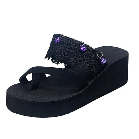 new home gifts for home Ladies Vacation Seaside Beach Slippers Fashion Lace Bells Flip Flops Casual Wedge Slippers Pu Purple