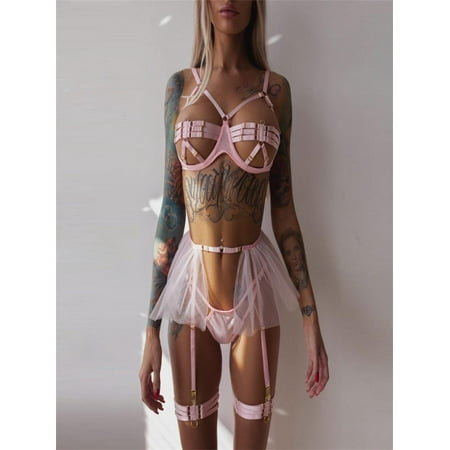 ICE Lingerie for Women Sexy Lingerie Skirt Exotic Bra and Panty Set Pink L