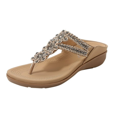 Rhinestones Slope heel Slippers for Women with Flower Fashion Women s Casual Shoes Breathable Thick-soled Outdoor Leisure Slippers Beige