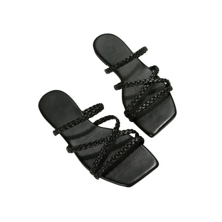 Bellella Womens Beach Sandal Strappy Slides Braided Flat Sandals Fashion Casual Shoes Summer Indoor&Outdoor Slide Slippers Black 8