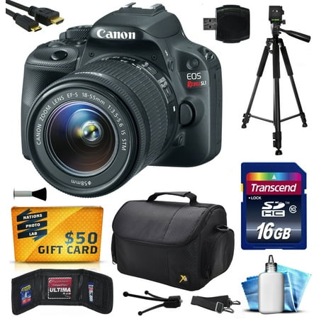 Canon EOS Rebel SL1 Digital SLR with 18-55mm STM Lens includes 16GB Memory + Large Case + Tripod + Card Reader + Card Wallet + HDMI Mini Cable + Cleaning Kit + $50 Gift Card 8575B003 Canon EOS Rebel SL1 Digital SLR with 18-55mm STM Lens includes 16GB Memory + Large Case + Tripod + Card Reader + Card Wallet + HDMI Mini Cable + Cleaning Kit + $50 Gift Card 8575B003