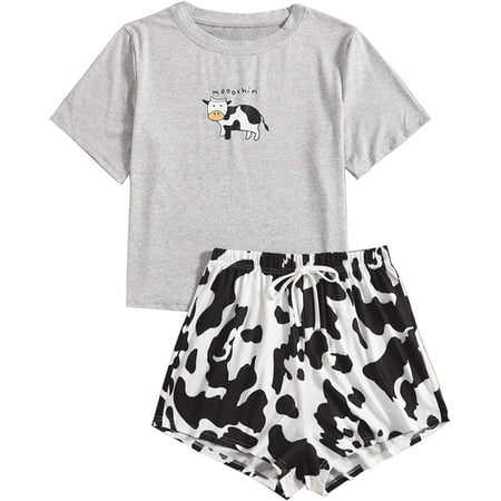 Women s Cute Cartoon Print Sleepwear Short Sleeve Tee with Shorts Pajama Set