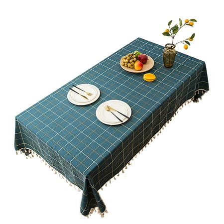 Rectangular Waterproof Tablecloth Light Luxury Checkered Tablecloth With Tassel Cotton Linen Table Cover For Dining Table Party Birthday Picnic -Green-140*90cm