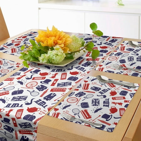

London Table Runner & Placemats United Kingdom Country Themed Pattern in National Flag Colors Set for Dining Table Decor Placemat 4 pcs + Runner 12 x72 Royal Blue Red White by Ambesonne