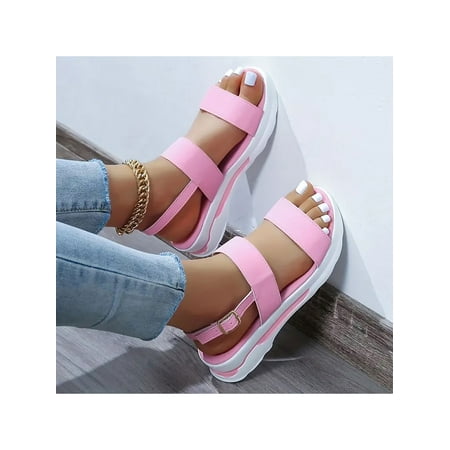 UKAP Women Platform Sandal Summer Casual Shoes Strap Wedge Sandals Wide Width Ladies Non-slip Comfort Pink 7.5