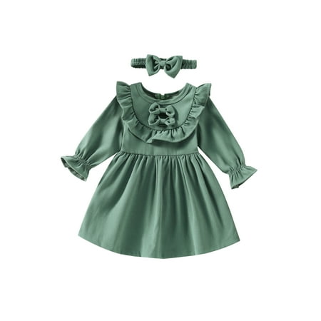 Frobukio 2Pcs Kids Toddler Girls Autumn Outfits Solid Color Bowknot Round Neck Long Sleeve Ruffle Dress + Headband Green 2-3 Years 
Frobukio 2Pcs Kids Toddler Girls Autumn Outfits Solid Color Bowknot Round Neck Long Sleeve Ruffle Dress + Headband Green 2-3 Years