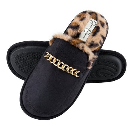 Jessica Simpson Women s Plush Microsuede Scuff Slipper with Chain Embellishment