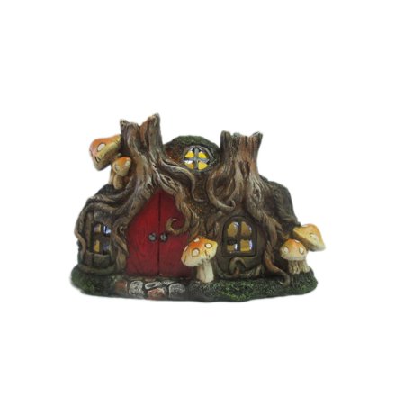 6.5" Brown and Red Fairy Garden Tree Root House Statue