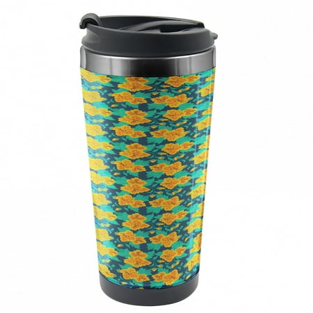 Floral Travel Mug Romantic Summery Flowers Steel Thermal Cup 16 oz by Ambesonne