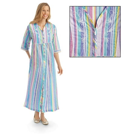 Women s Pastel Striped Lounger with Zip Front and 3/4 Long Sleeves X-Large