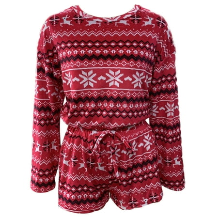 Women Christmas Snowflake Pajamas Set Long Sleeve Drawstring Hem Crop Top Shorts