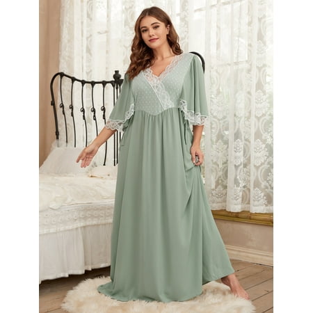 

Elegant Women s Plus Dobby Mesh Insert Lace Trim Butterfly Sleeve Knot Side Sleep Dress Mint Green 3XL(18) F220102Y