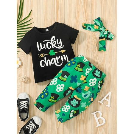 St. Patrick s Day Baby Girls Summer Short Sleeve Round Neck letter print Tops+Clover Print Pants+Headband 3pcs Suit (Green 18-24 Months)