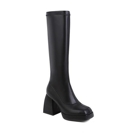 KBKYBUYZ Women Boots Shoes Casual Thick High-heeled Boots Plus Size Mid Calf Zipper Boots