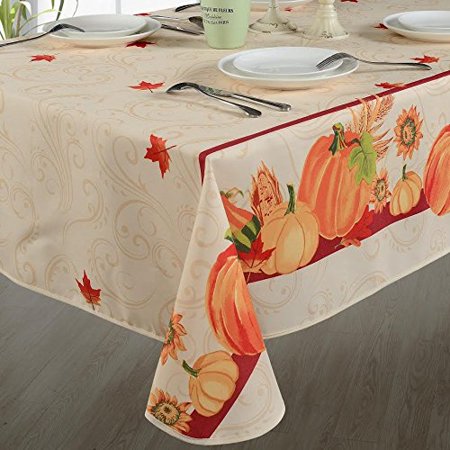 European Polyester Tablecloths - Fall Harvest Autumn Leaves With Pumpkins And Corn Print On The Side - Ivory 52" X 70", DECORATIVE STYLE - Perfect table.., By HomeCrate,USA