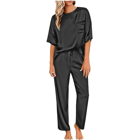RQYYD Pajamas Set for Womens Satin Silky Pajama Set Short Sleeve Shirt with Long Pajama Pant Set Soft PJ Loungewear Women Lounge Sets
RQYYD Pajamas Set for Womens Satin Silky Pajama Set Short Sleeve Shirt with Long Pajama Pant Set Soft PJ Loungewear Women Lounge Sets