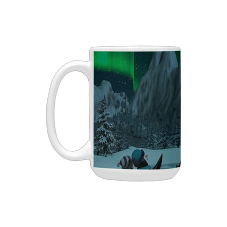 

Northern Lights Penguins on Frozen Lake with Christmas Tree Noel Arctic Circle Design Lime Green Gre Ceramic Mug (15 OZ) (Made In USA)