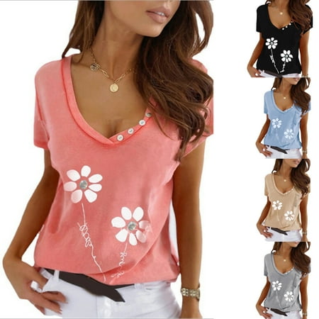 Taluosi Summer T-shirt Floral Print V Neck Women Short Sleeve Buttons Pocket Top for Party
Taluosi Summer T-shirt Floral Print V Neck Women Short Sleeve Buttons Pocket Top for Party