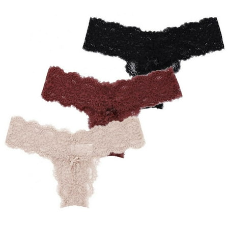 Popvcly 3 Pack Sexy Lace Panties for Women G-String Breathable Thongs Underwear Low-waist Hipster Panties