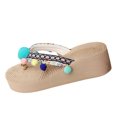 Sandals Women Flip Flops For Women Fashion Summer Women Slippers Thick Soled Wedge Heel Light Embroidered Wool Ball Flip Flops Comfortable Casual Beach Style Beach Sandals For Women Dressy Summer