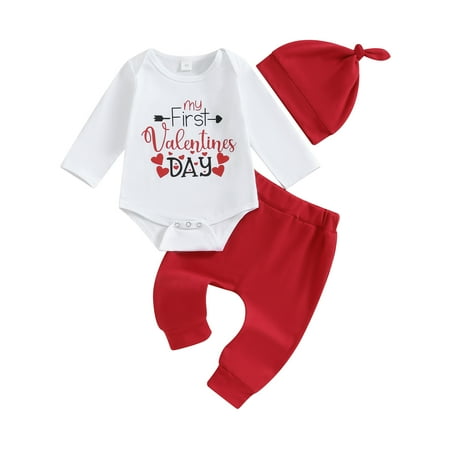 Baby Girls Boys Valentines Day Outfit Long Sleeve Letters Heart Print Romper with Flare Pants and Headband 3Pcs Clothes Set 
Baby Girls Boys Valentines Day Outfit Long Sleeve Letters Heart Print Romper with Flare Pants and Headband 3Pcs Clothes Set