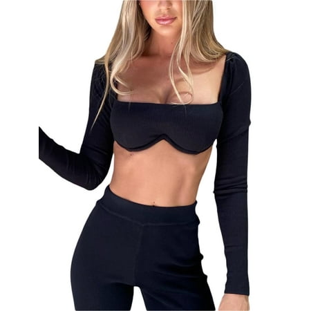 Women Long Sleeve Crop Top Square Neck Cropped Shirt Top Blouse Sexy Low Cut Bustier Top Streetwear
Women Long Sleeve Crop Top Square Neck Cropped Shirt Top Blouse Sexy Low Cut Bustier Top Streetwear