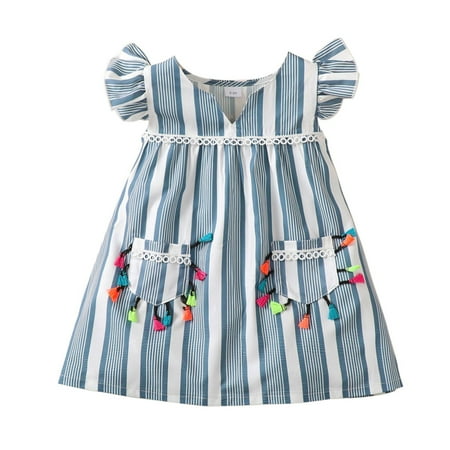 Wisremt 18M-6Y Girls Sleeveless Casual Dress Blue Stripes Short Dress