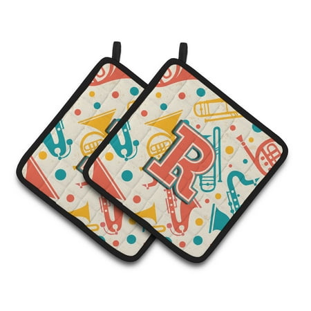 Letter R Retro Teal Orange Musical Instruments Initial Pair of Pot Holders