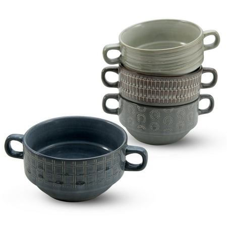 

American Atelier Soup Bowls with Handles Set of 4 16-Oz Glazed French Onion Soup Bowl Stackable Serving Bowls for Stew Pasta Chili Stoneware Dishwasher & Oven Safe Assorted Geometric