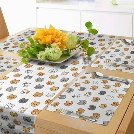 

Kitten Table Runner & Placemats Pattern of Cartoon Cats Different Breeds Colors with Smiling Faces Set for Dining Table Decor Placemat 4 pcs + Runner 14 x90 Ginger Mustard Grey by Ambesonne