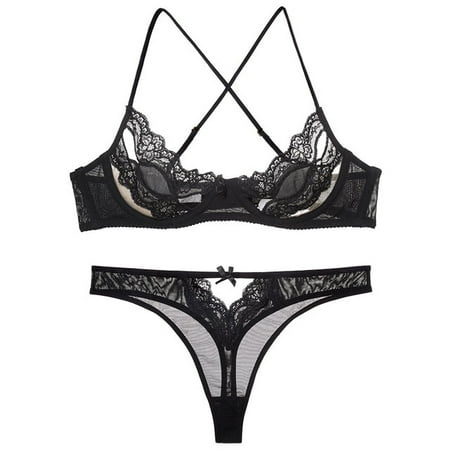 Sexy Lace Bra Set Unlined Underwire Lingerie Thong Panties Hollow Out Underware