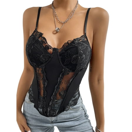Women Lace Corset Top Spaghetti Strap Backless Floral Bustier Cami Top Aesthetic Sheer Eyelash Shoulder Bralett 
Women Lace Corset Top Spaghetti Strap Backless Floral Bustier Cami Top Aesthetic Sheer Eyelash Shoulder Bralett