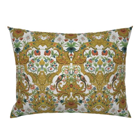 Damask Gold Green Coral Parrot Bird Rococo Bright Flower Pillow Sham by Roostery
