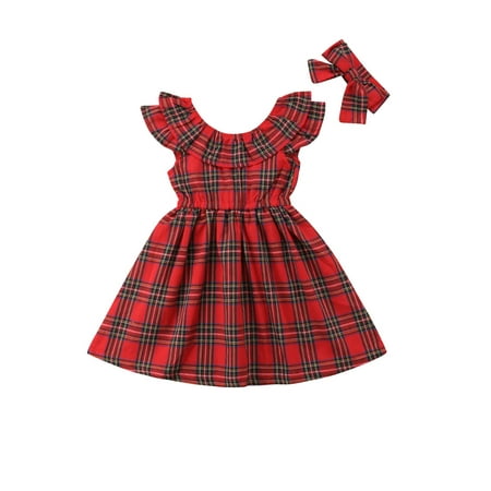 EYIIYE Girls Red Plaid Round Neck Flying Sleeves Puff Dress with Hair Band Set